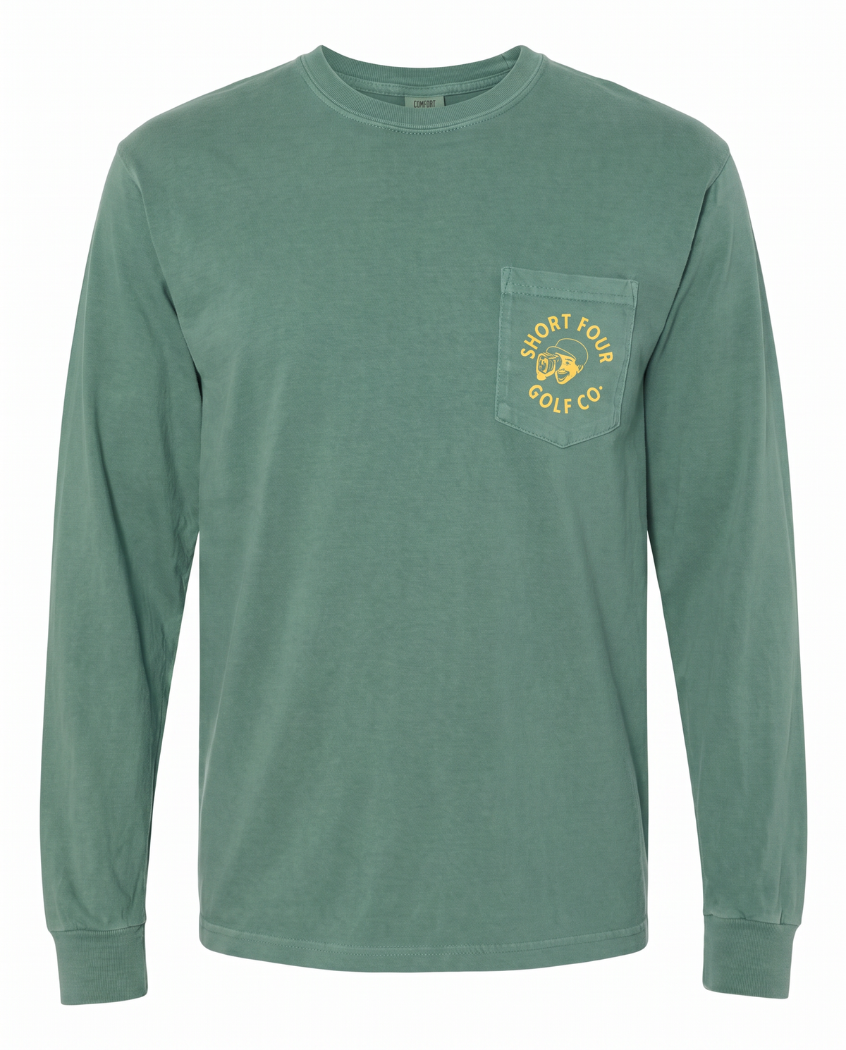 Range Finder Long Sleeve Pocket Tee in Green with yellow Short Four range finder pocket print