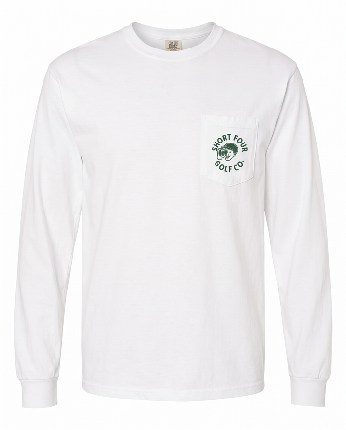 Range Finder Long Sleeve Pocket Tee in White with green Short Four range finder pocket print